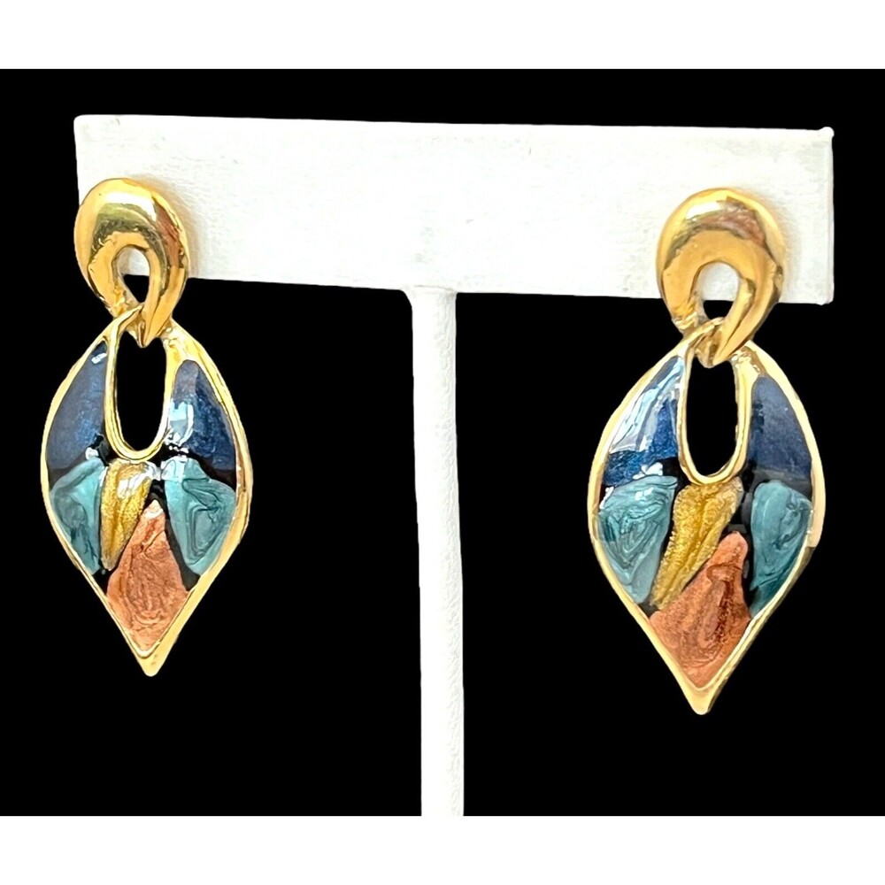Vintage 1980s Gold Tone Pierced Earrings Hand Applied Shimmer Enamel NOS - 3G